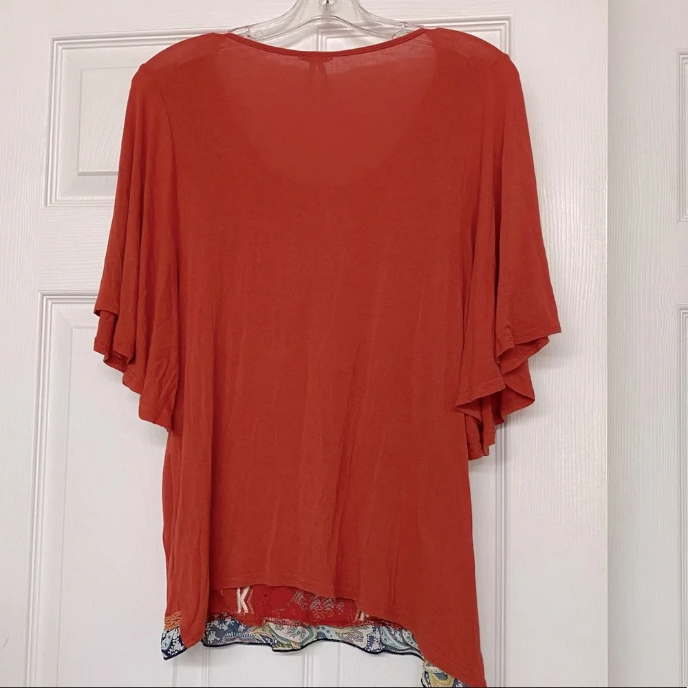 Gimmicks By BKE Embroidered Crochet Lace Panel Orange Loose Fit Top Sz S